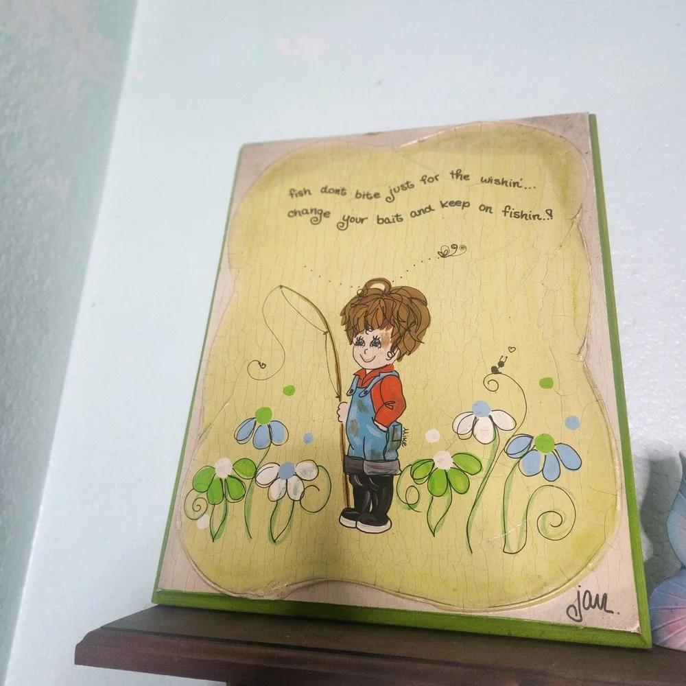 Vtg 70s Hand Painted Wall Plaque By Jan Fish Don't Bite For Wishin 11 X 14 MCM